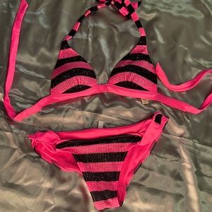 Victoria Secret PINK BIKINI SMALL RHINESTONE PINK/BLACK STRIPES